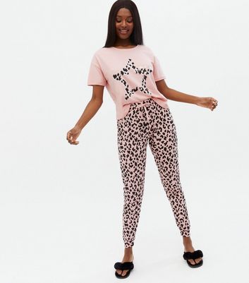 Pink Star Leopard Print T Shirt and Jogger Pyjama Set New Look