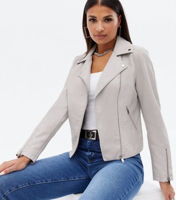 Pale Grey Leather Look Zip Biker Jacket New Look