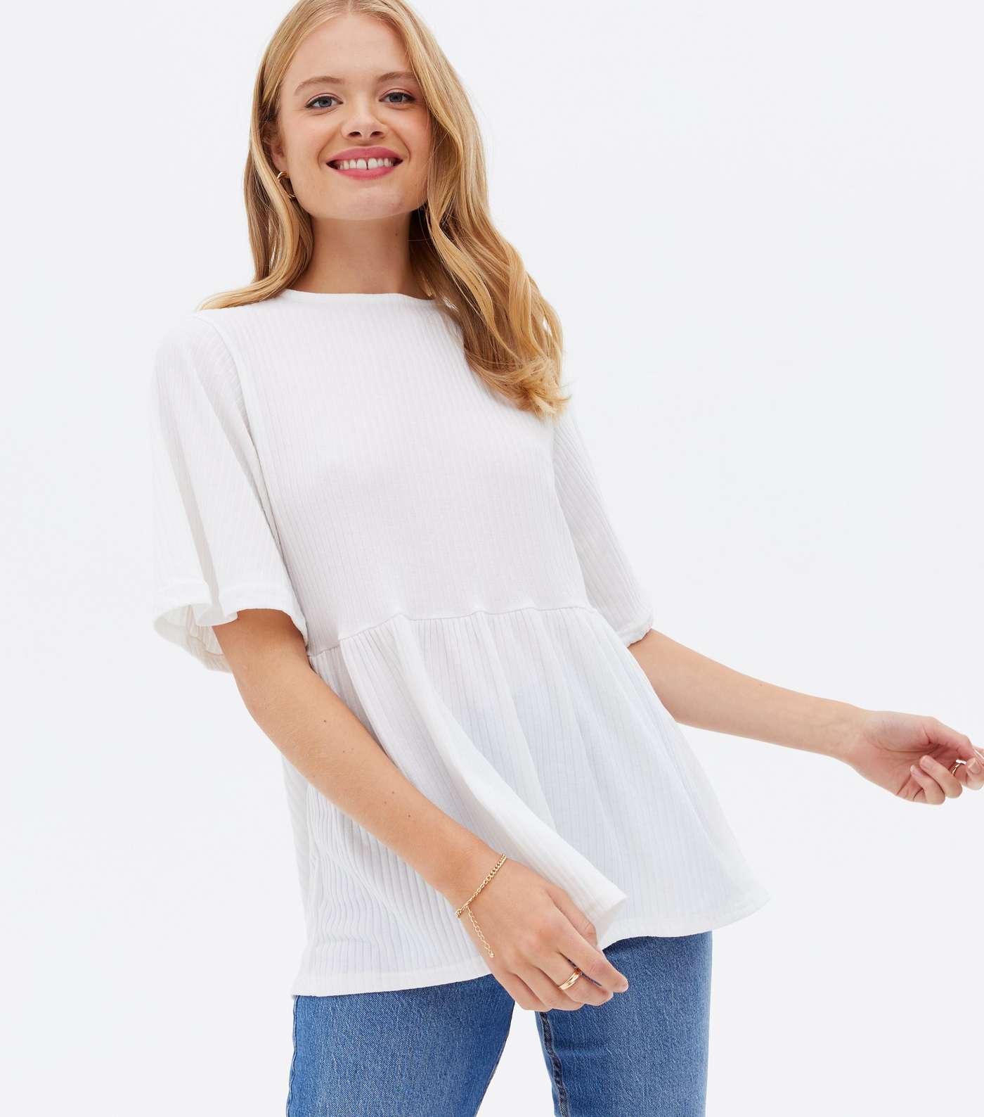 White Ribbed Peplum T-Shirt