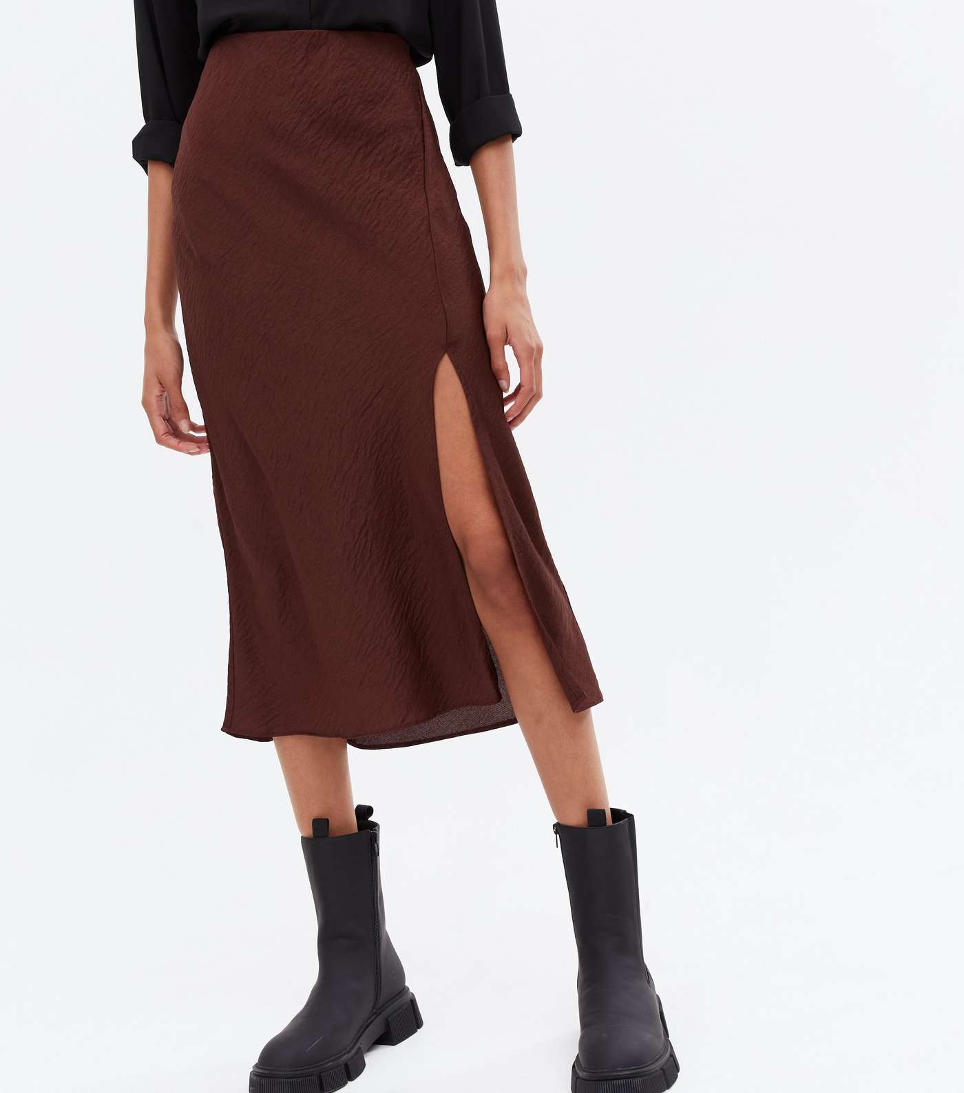 Burgundy Satin Split Midi Skirt Image 2