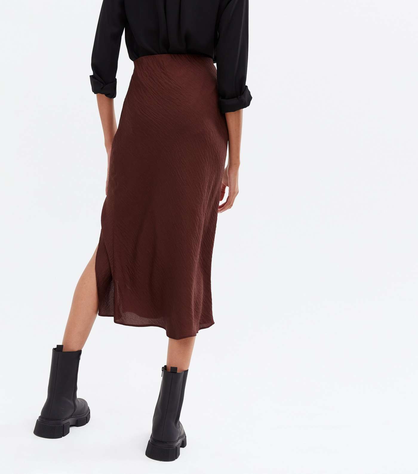 Burgundy Satin Split Midi Skirt Image 4