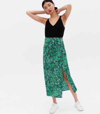 Influence Blue Floral Bias Cut Midi Skirt  New Look