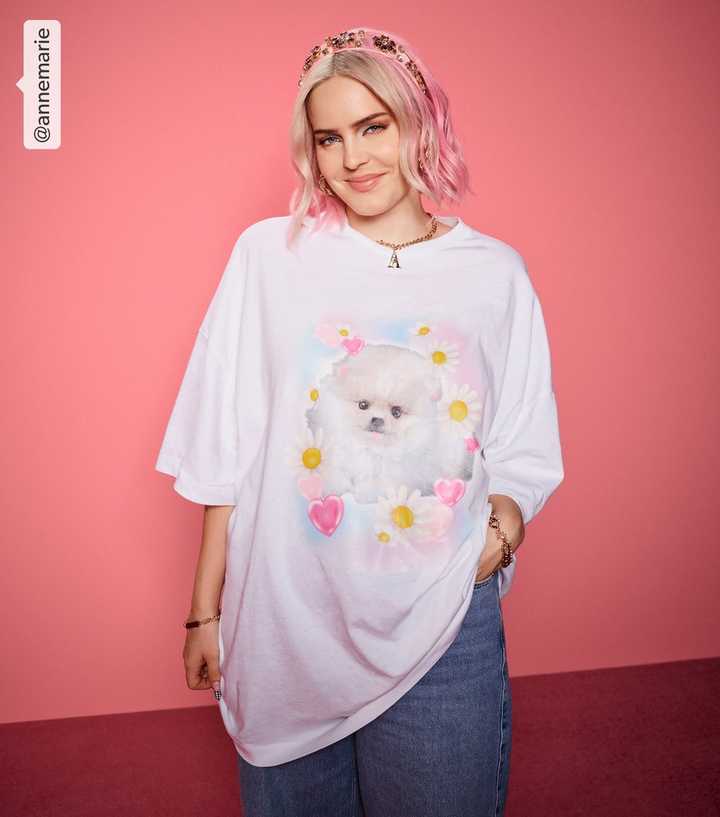 Pom Pom Puff White Pomeranian Floral Oversized T-Shirt