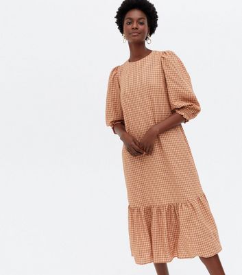 Brown Gingham Shirred Tiered Midi Dress