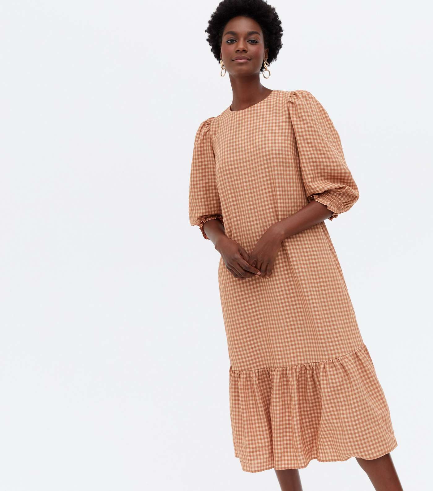Brown Gingham Shirred Tiered Midi Dress
