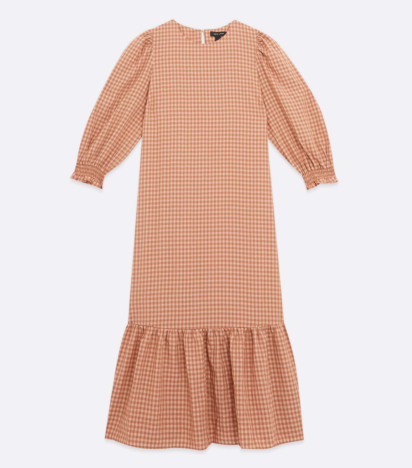 Brown Gingham Shirred Tiered Midi Dress Image 5
