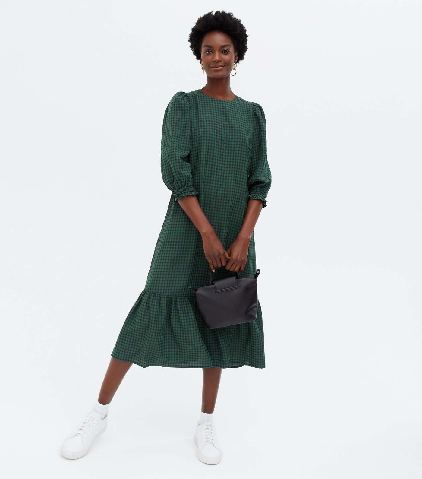Green Gingham Shirred Tiered Midi Dress Image 2
