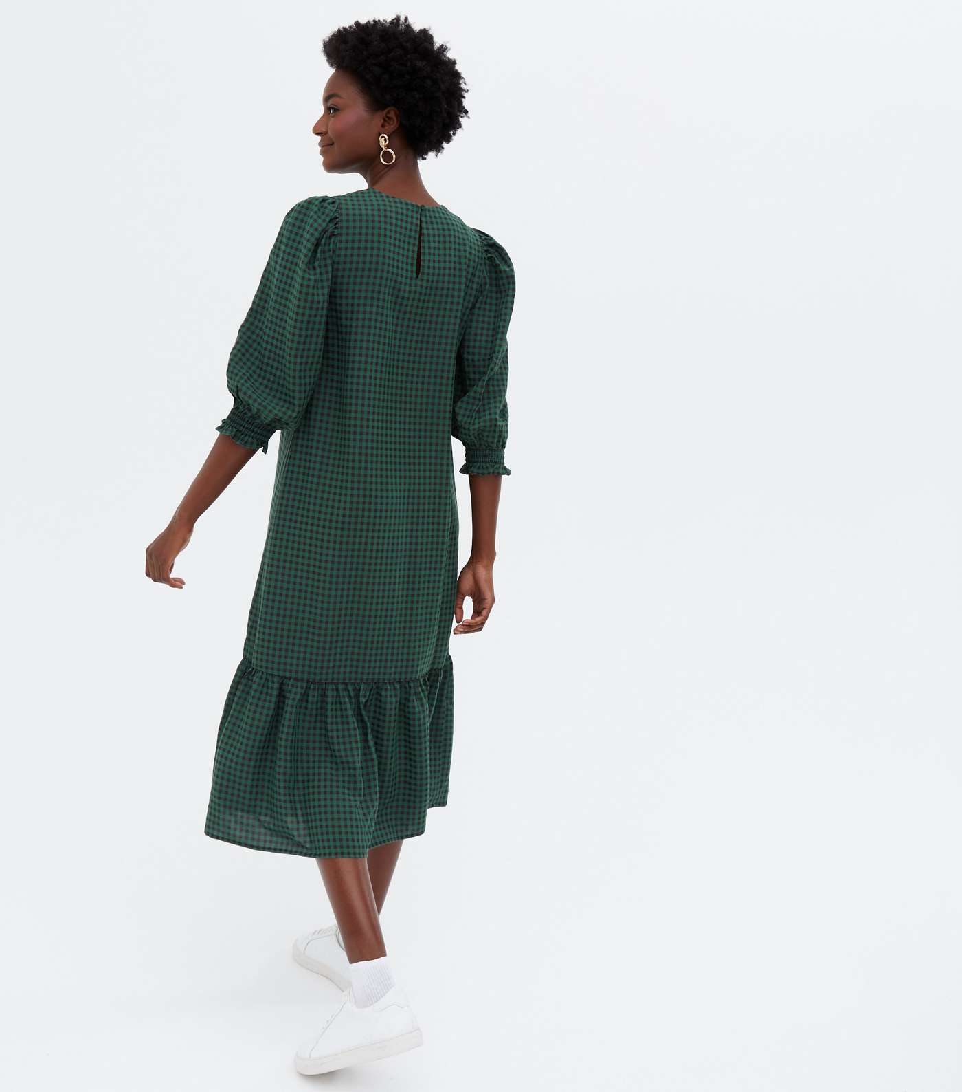 Green Gingham Shirred Tiered Midi Dress Image 4