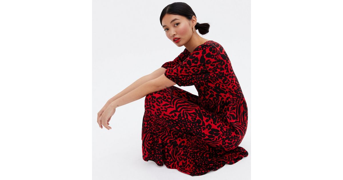 Red Animal Print Jersey V Neck Midi Dress New Look