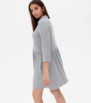 Grey Ribbed Collared Button Front Mini Dress New Look