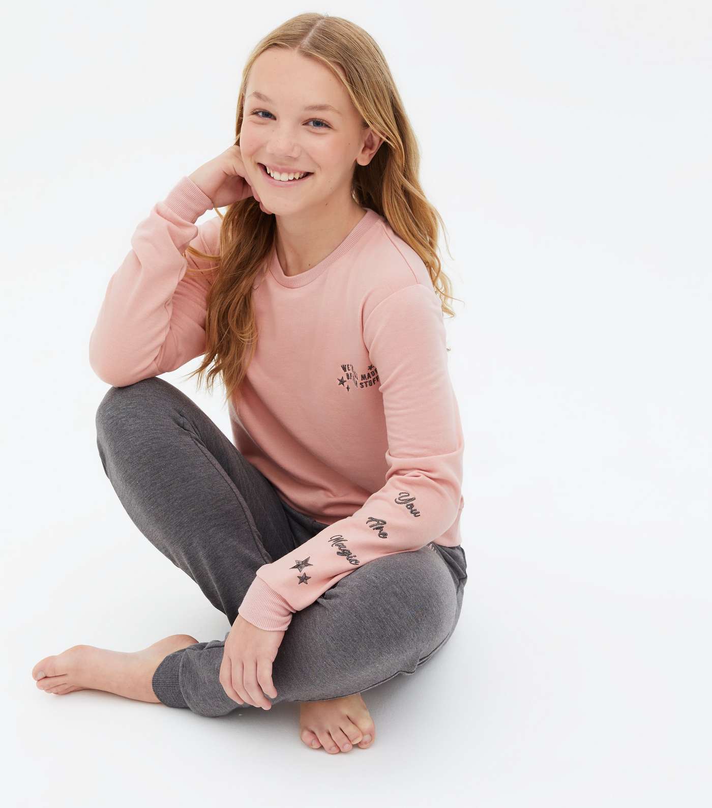 Girls Pink Jogger Pyjama Set with Star Embroidery