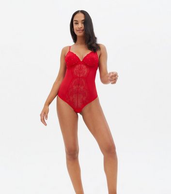 Red Lace Diamante Lingerie Bodysuit New Look