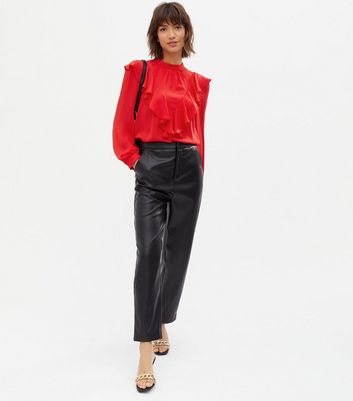 Red Satin Frill High Neck Blouse | New Look