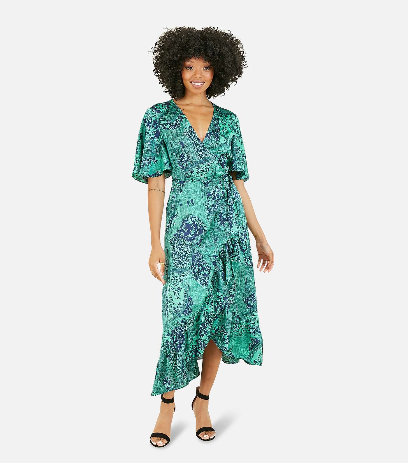 Mela Green Paisley Ruffle Midi Wrap Dress
