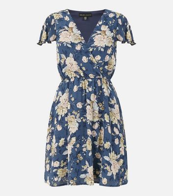 Mela Blue Floral Wrap Skater Dress New Look