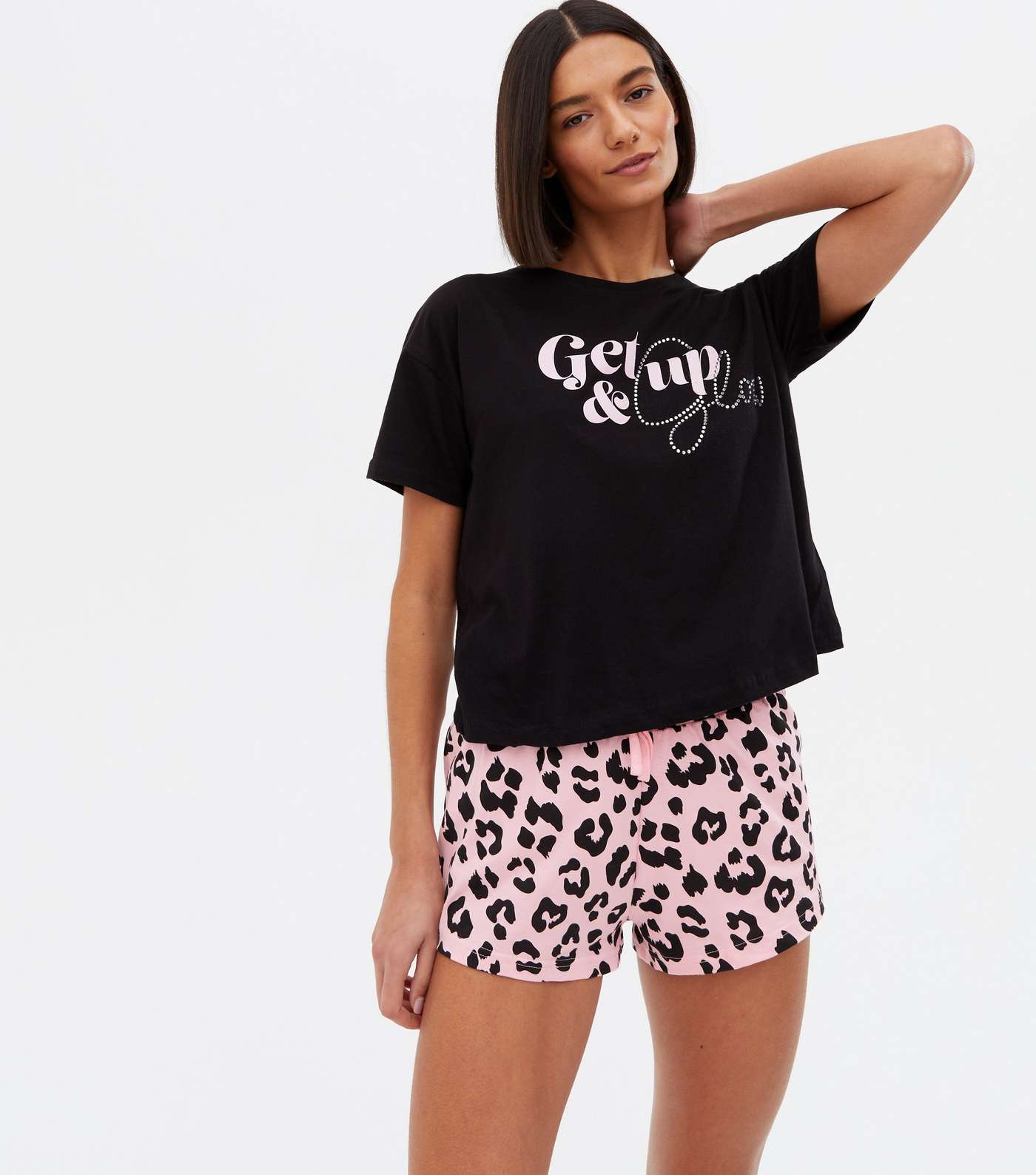 Black T-Shirt and Short Pyjama Set with Leopard Print