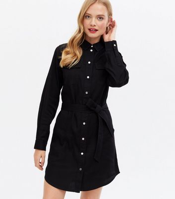 Black Denim Long Sleeve Mini Shirt Dress New Look