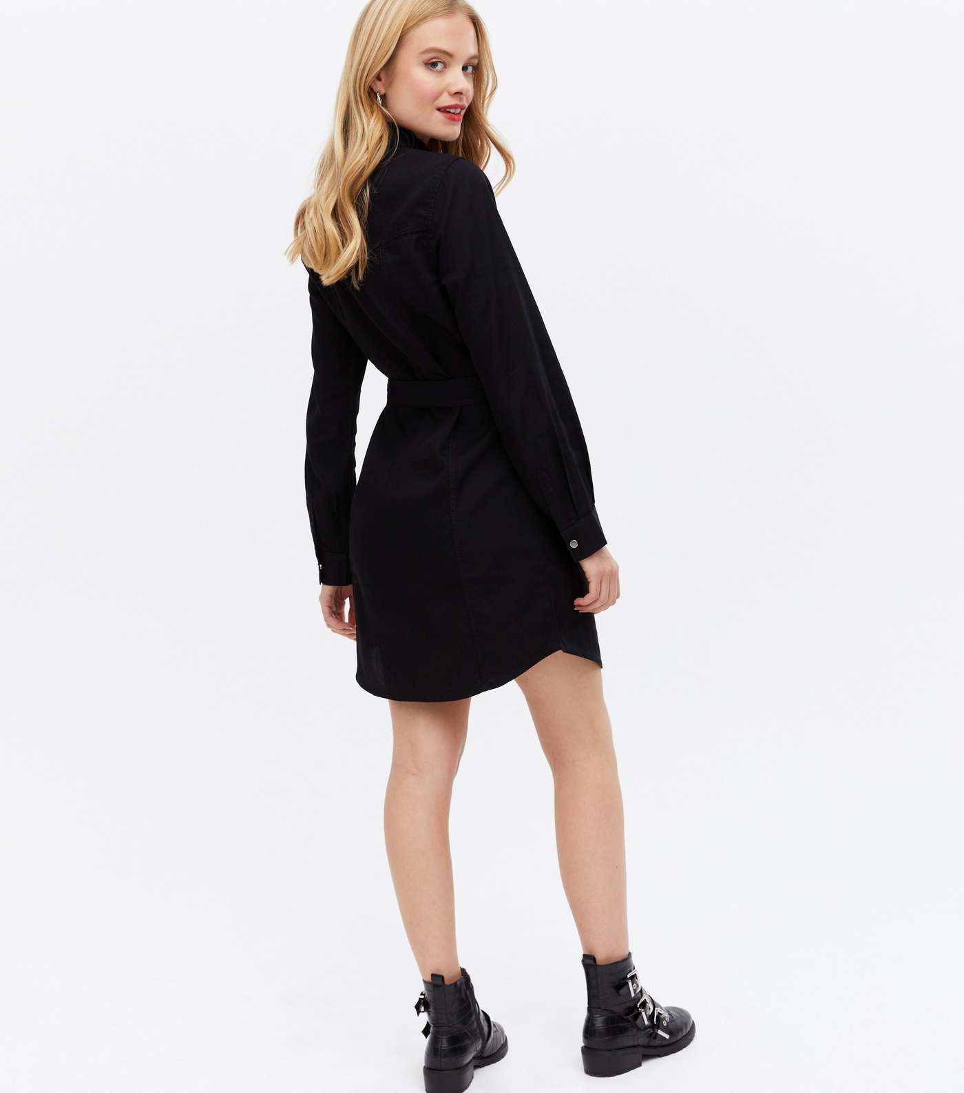 Black Denim Long Sleeve Mini Shirt Dress Image 4