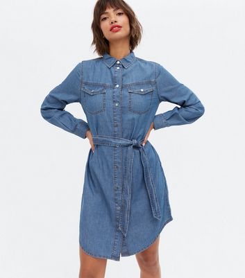 Blue Denim Long Sleeve Mini Shirt Dress 