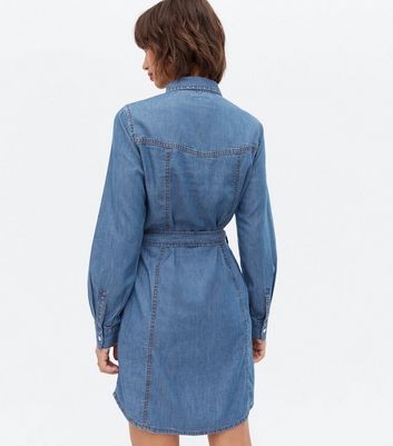 Blue Denim Long Sleeve Mini Shirt Dress New Look