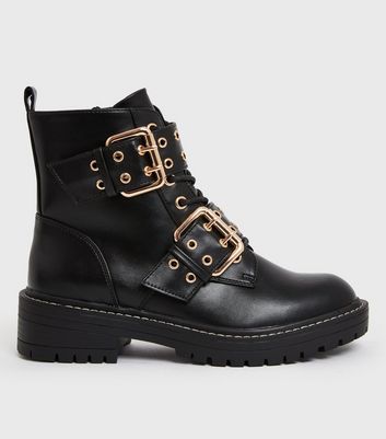 womens black chunky biker boots