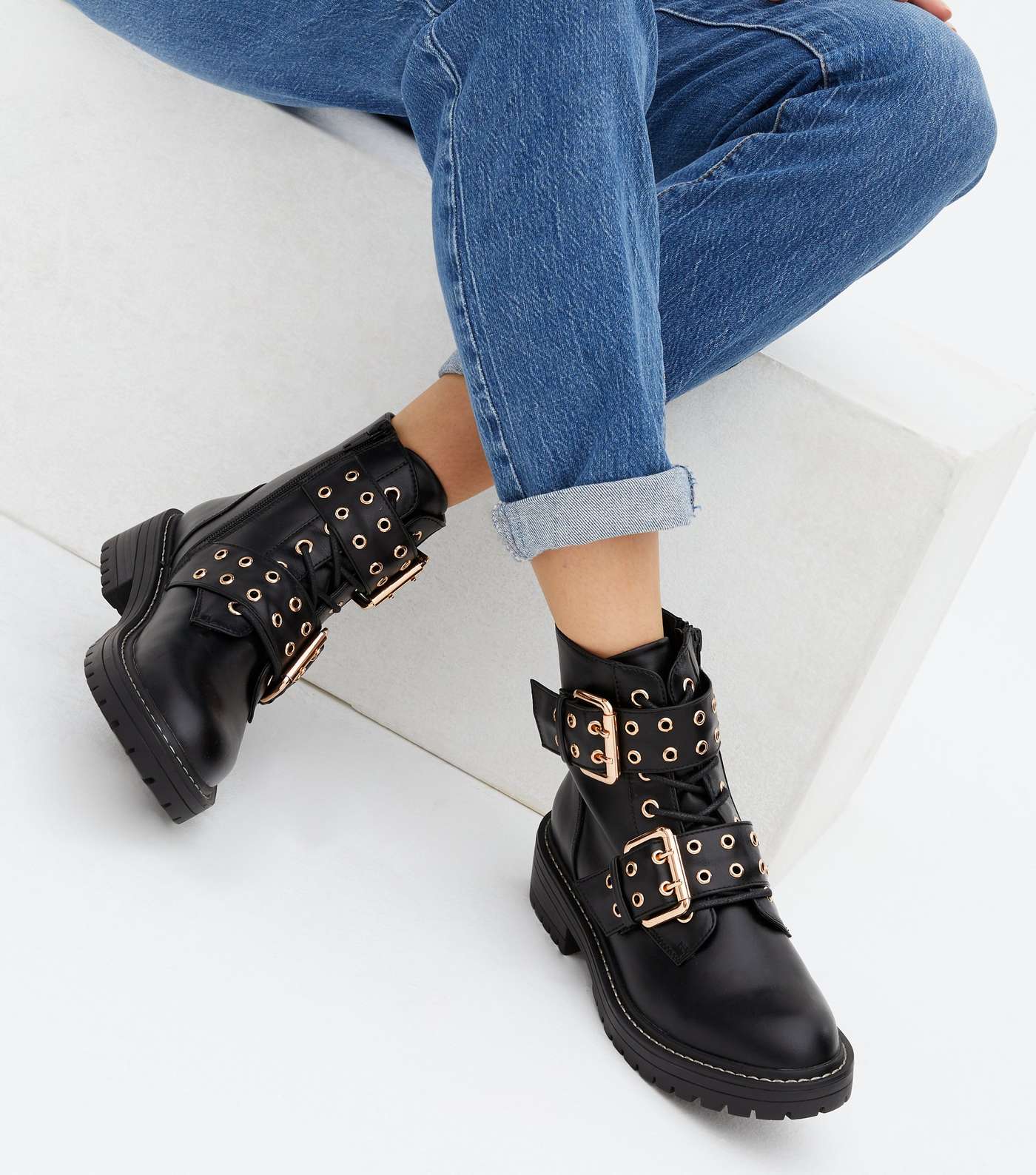 Black Double Buckle Lace Up Chunky Biker Boots Image 2