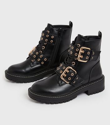 Black Double Buckle Lace Up Chunky Biker Boots New Look Vegan