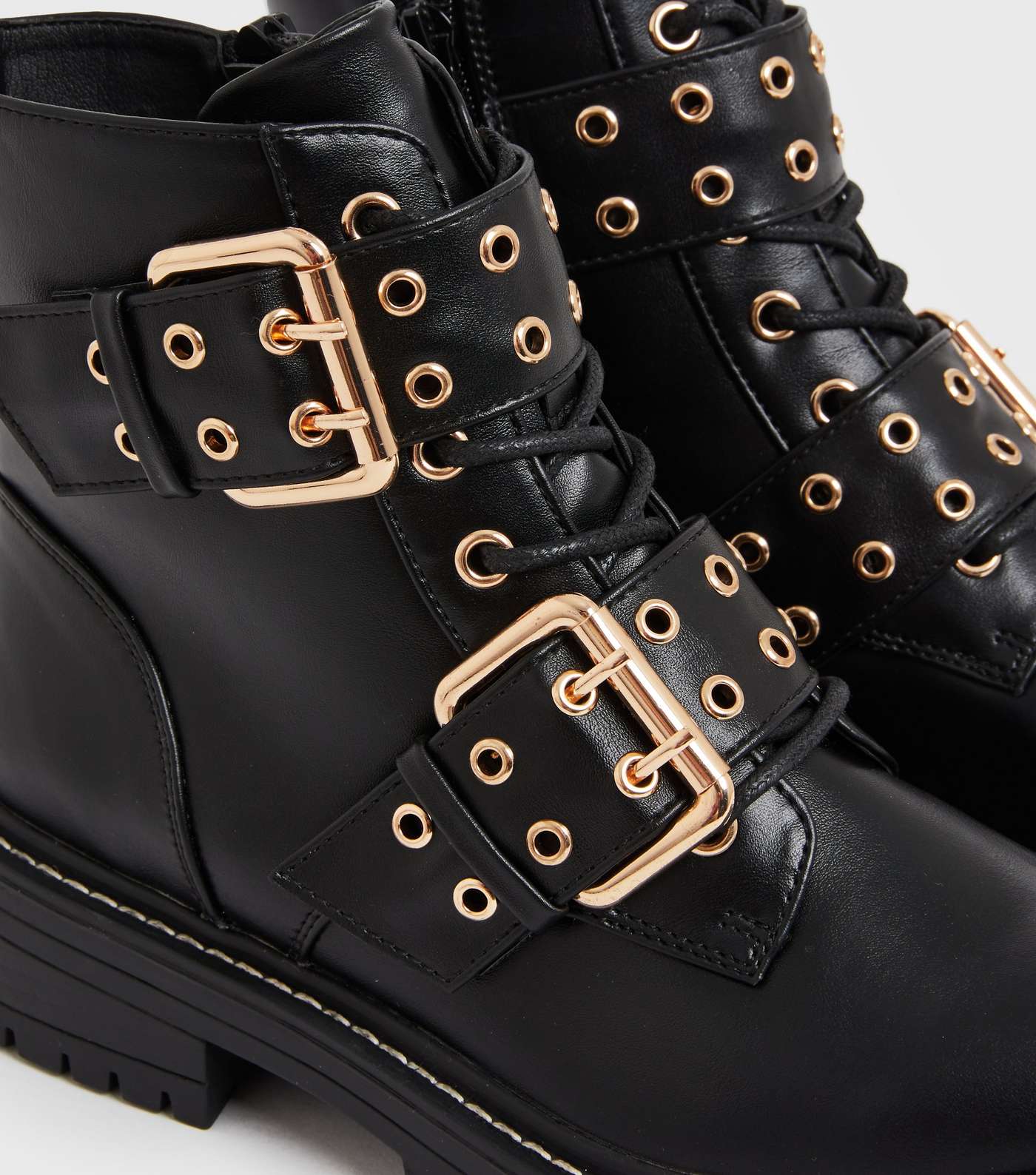 Black Double Buckle Lace Up Chunky Biker Boots Image 4
