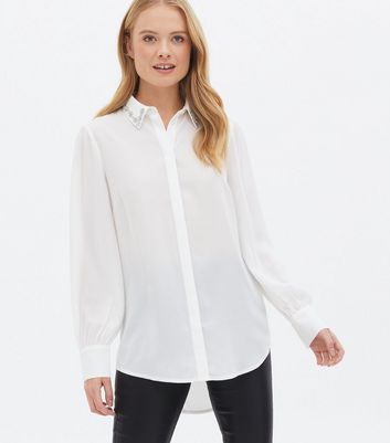 White Diamanté Collar Long Sleeve Shirt 