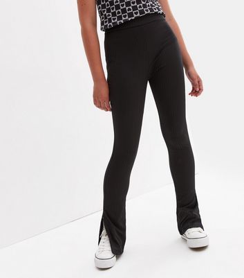 Girls Black Ribbed Split Hem Trousers 