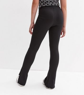Girls Black Ribbed Split Hem Trousers 