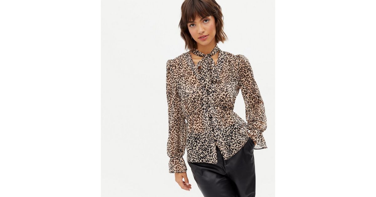 Brown Leopard Print Tie Neck Peplum Blouse | New Look