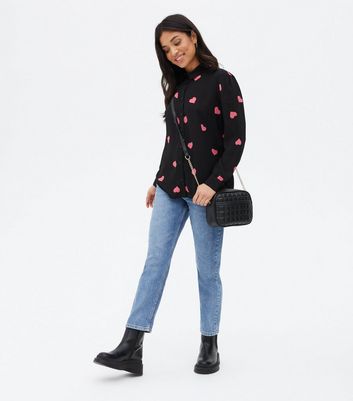 Click to view product details and reviews for Petite Black Heart Print Long Shirt New Look.