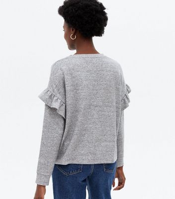 Pale Grey Fine Knit Frill Sleeve Jumper New Look