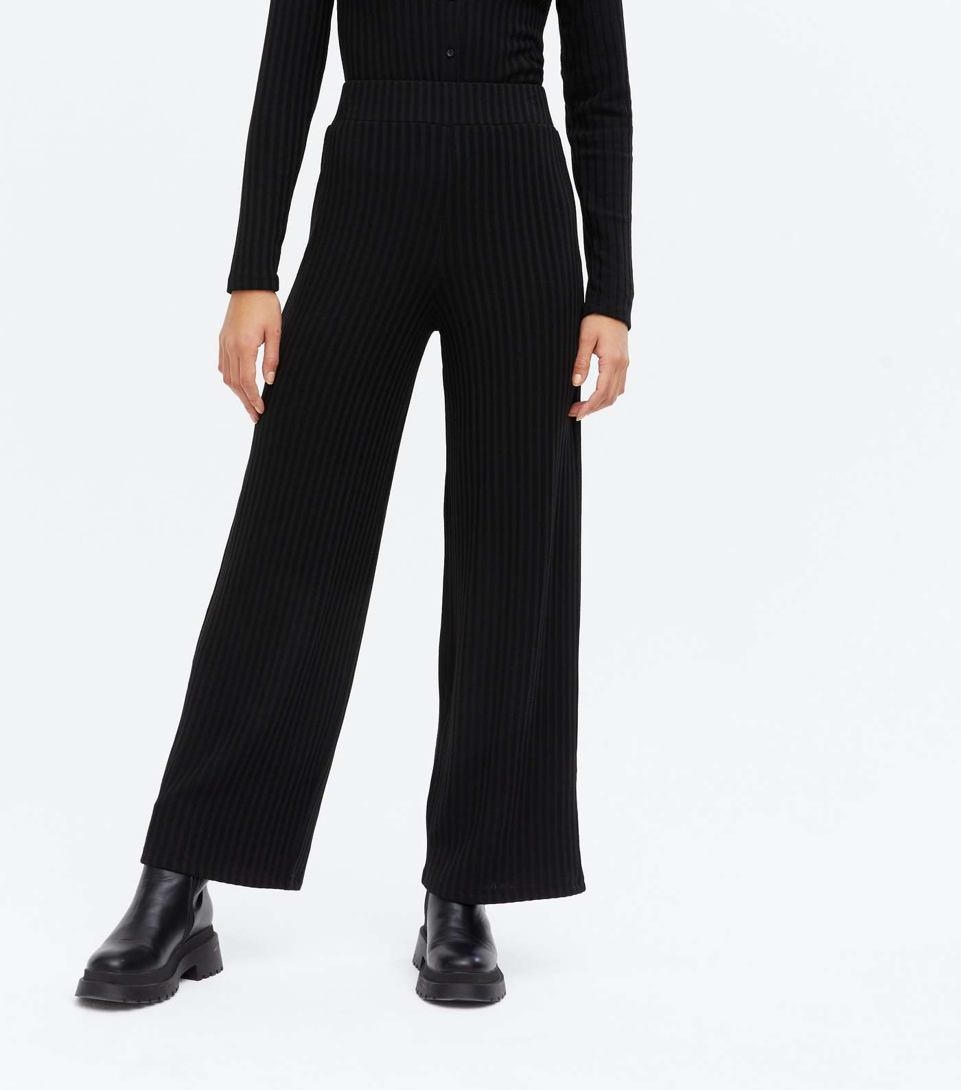Black Ribbed Fine Knit Wide Leg Trousers Image 2