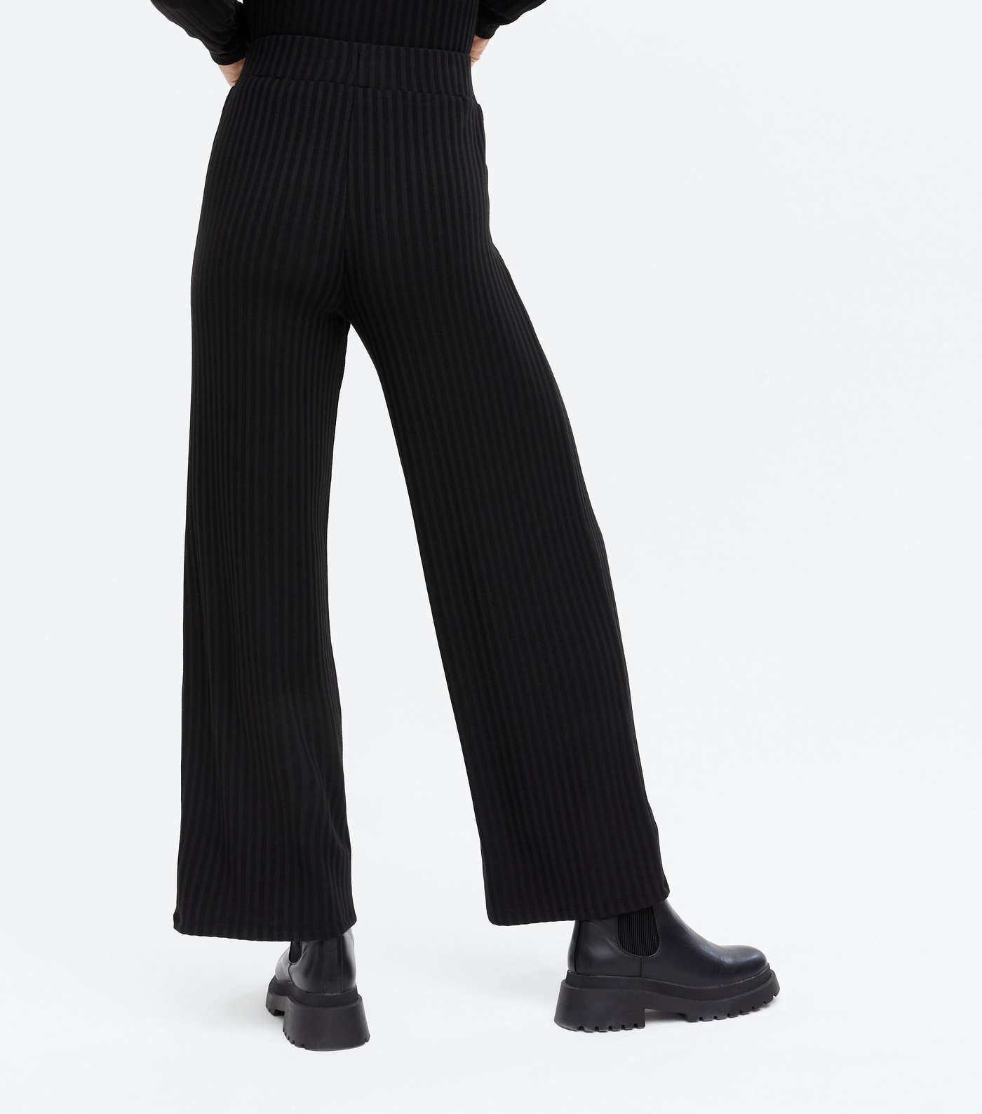Black Ribbed Fine Knit Wide Leg Trousers Image 4