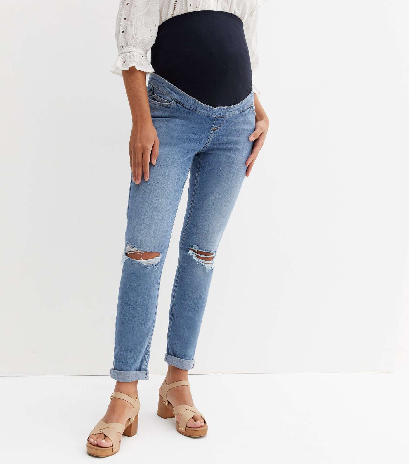 Maternity Blue Ripped Knee Over Bump Tori Mom Jeans Image 2