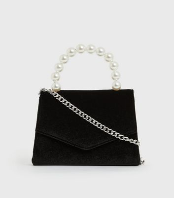 Black Velvet Faux Pearl Cross Body Bag New Look