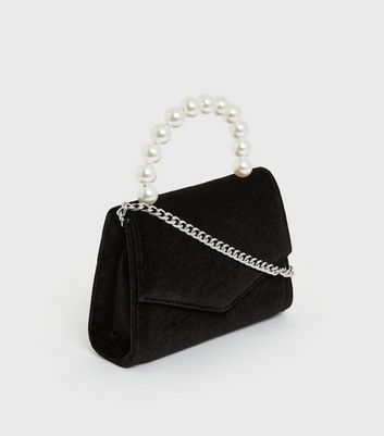 Black Velvet Faux Pearl Cross Body Bag New Look