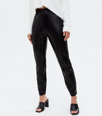 STUDIO ID WIDE LEG TROUSERS - Leather trousers - croco print black/black -  Zalando.co.uk