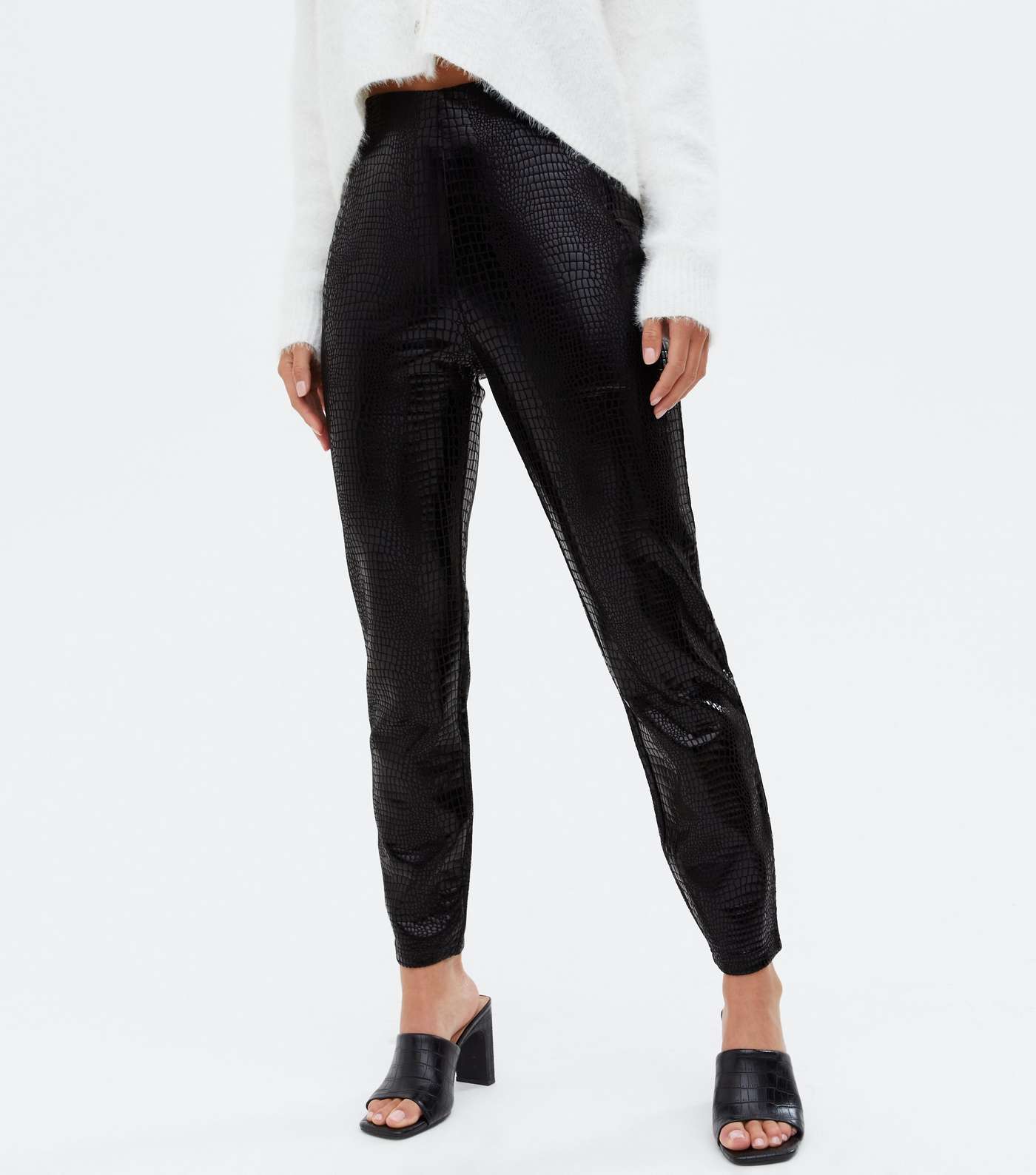 Petite Black Leather-Look Faux Croc Slim Trousers Image 2