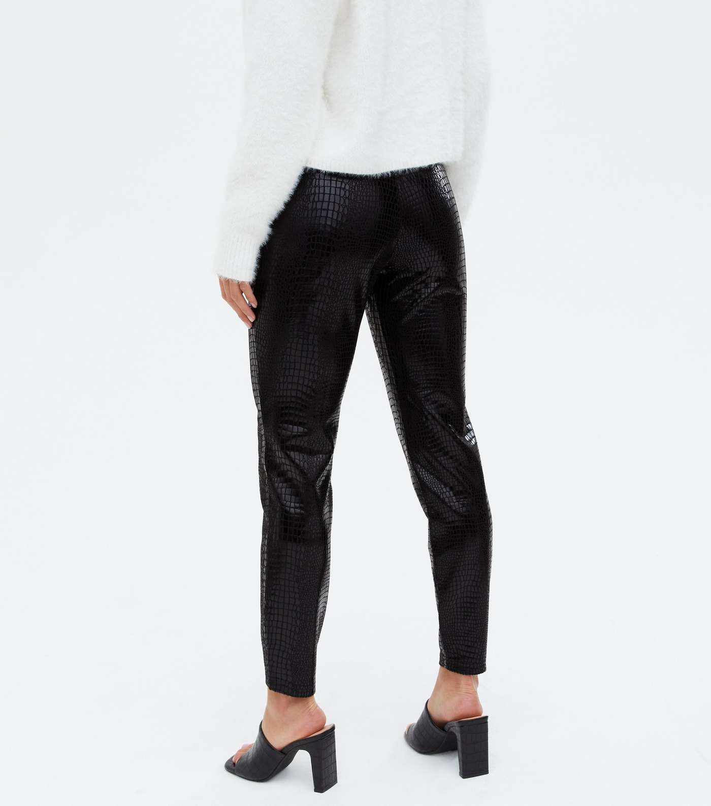 Petite Black Leather-Look Faux Croc Slim Trousers Image 4