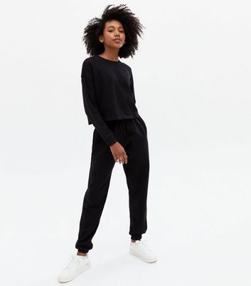 Girls Black High Waist Cuffed Joggers 