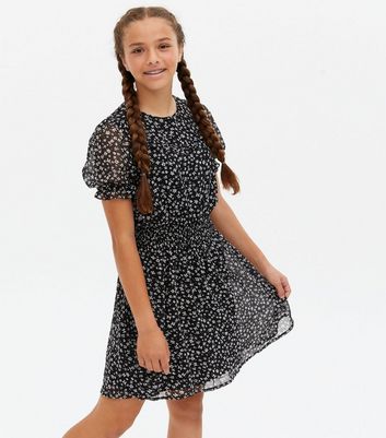 Girls Black Ditsy Floral Chiffon Shirred Mini Dress