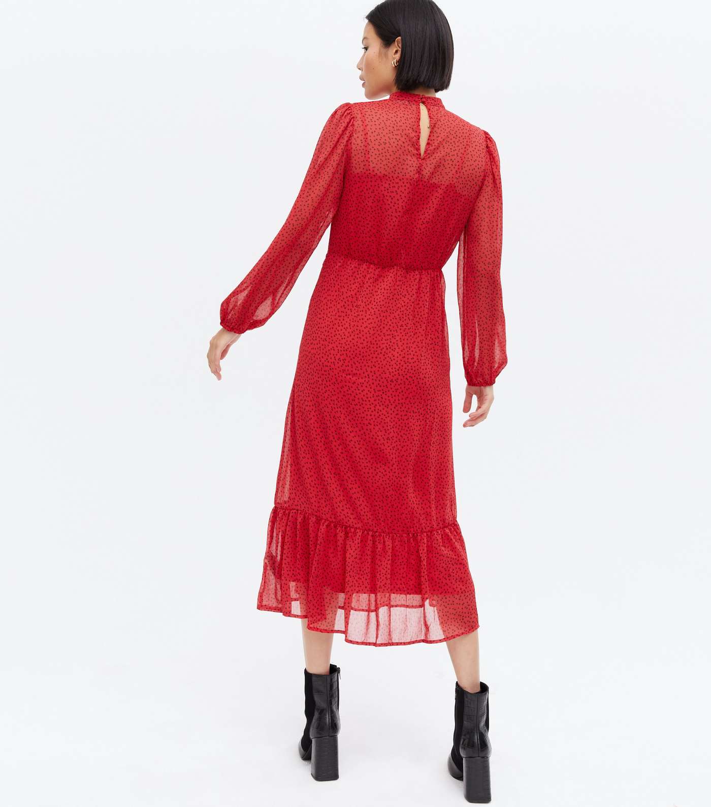 Red Ditsy Floral Chiffon Long Sleeve Tiered Midi Dress Image 4
