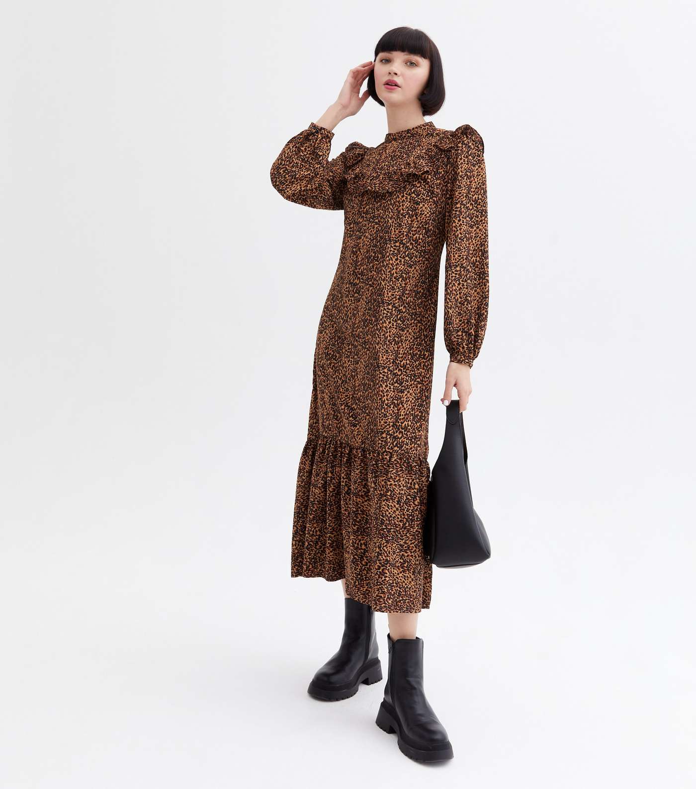 Brown Leopard Print Frill Yoke High Neck Tiered Midi Dress