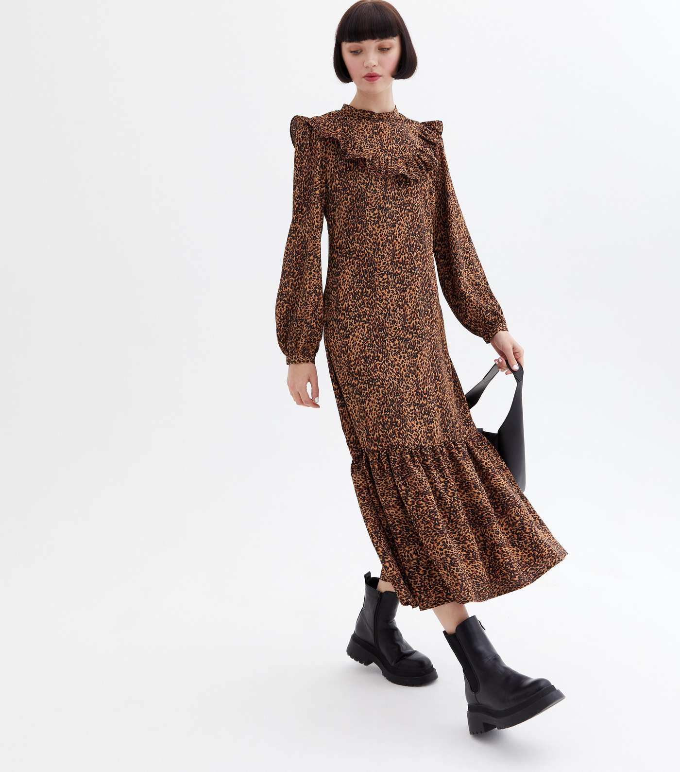 Brown Leopard Print Frill Yoke High Neck Tiered Midi Dress Image 3