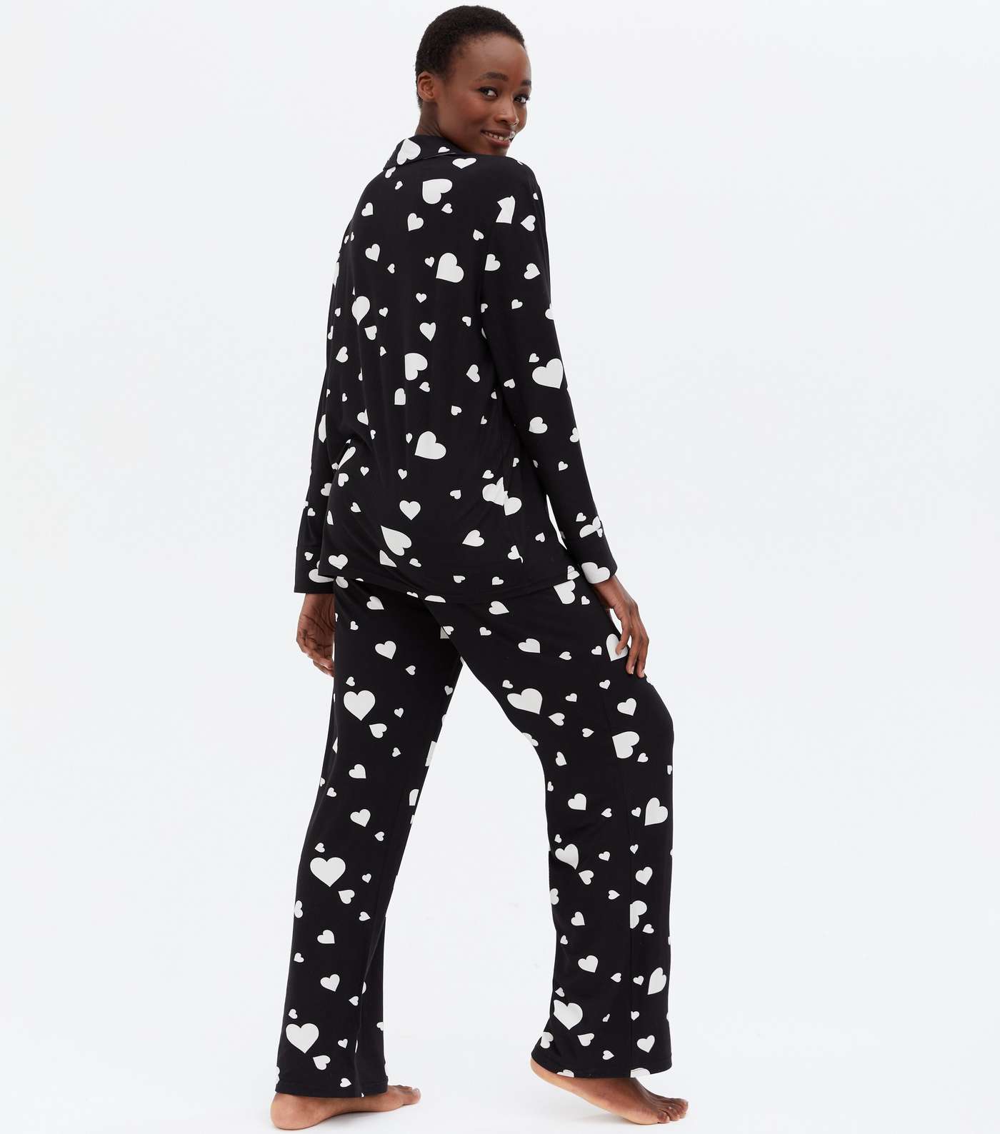 Black Trouser Pyjama Set with Heart Print Image 4