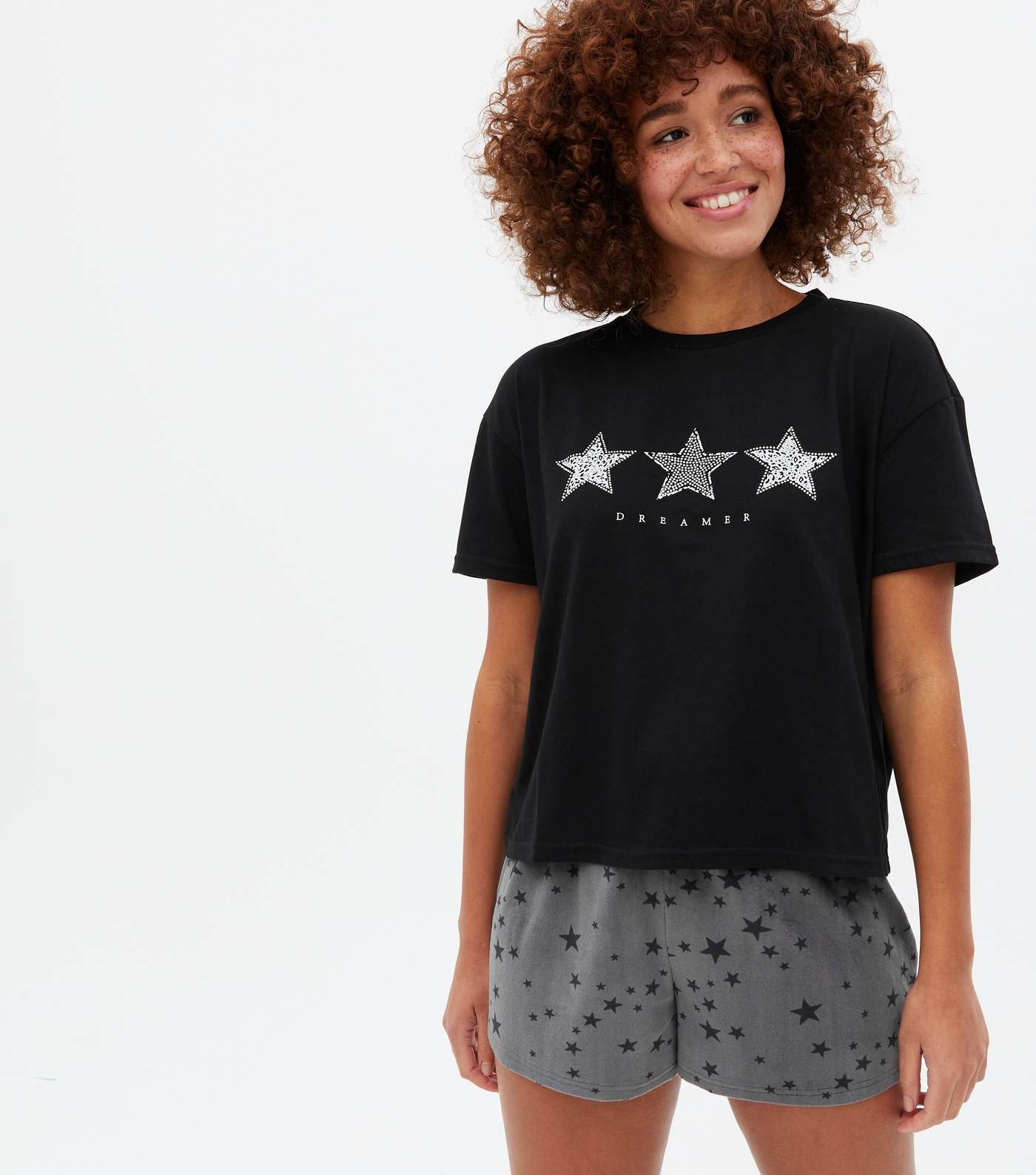 Black T-Shirt and Short Pyjama Set with Star Print