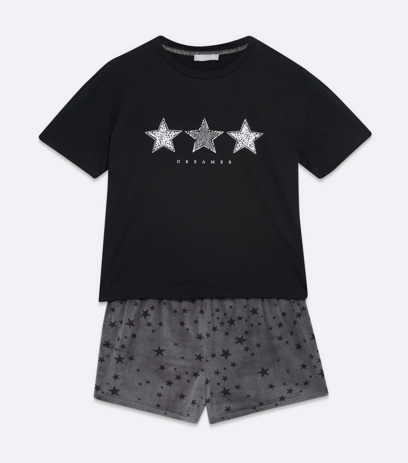 Black T-Shirt and Short Pyjama Set with Star Print Image 5